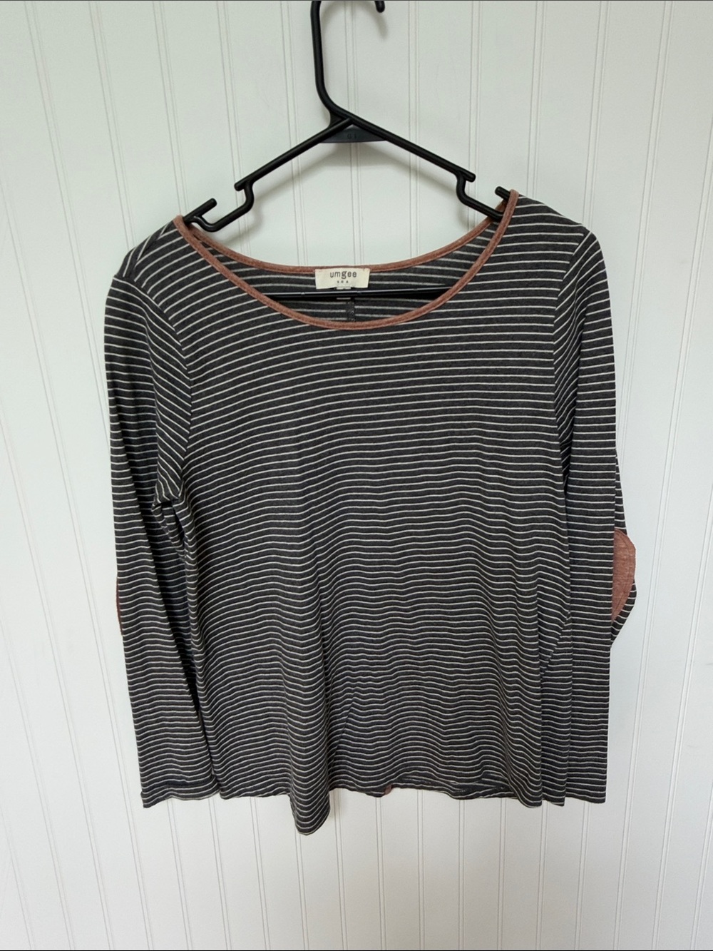 (341)Umgee Charcoal & White Striped Long Sleeve Top with Rust Trim Accents